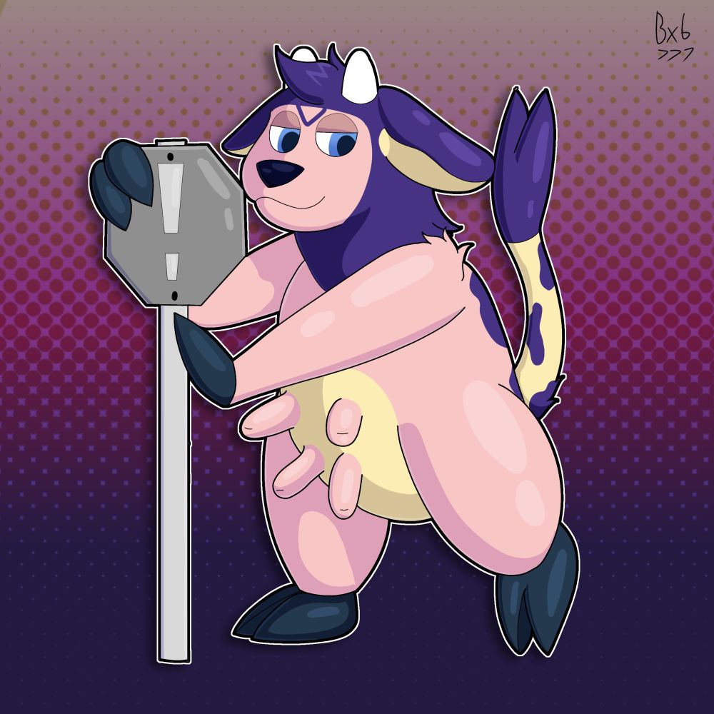 A miltank leaning against a grey stop sign