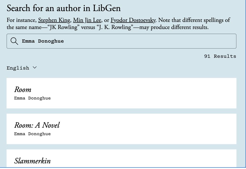 screenshot of search for 'Emma Donoghue' in LibGen 