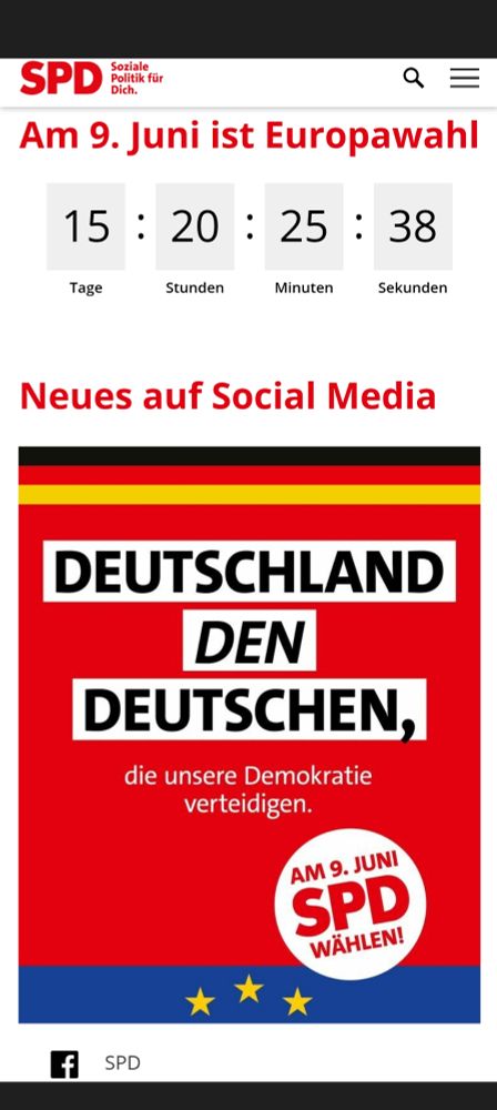 Screenshot der Website der SPD. Er zeigt ein Plakat mit der Überschrift "Deutschland den Deutschen", darunter in kleinerer Schrift "die unsere Demokratie verteidigen".