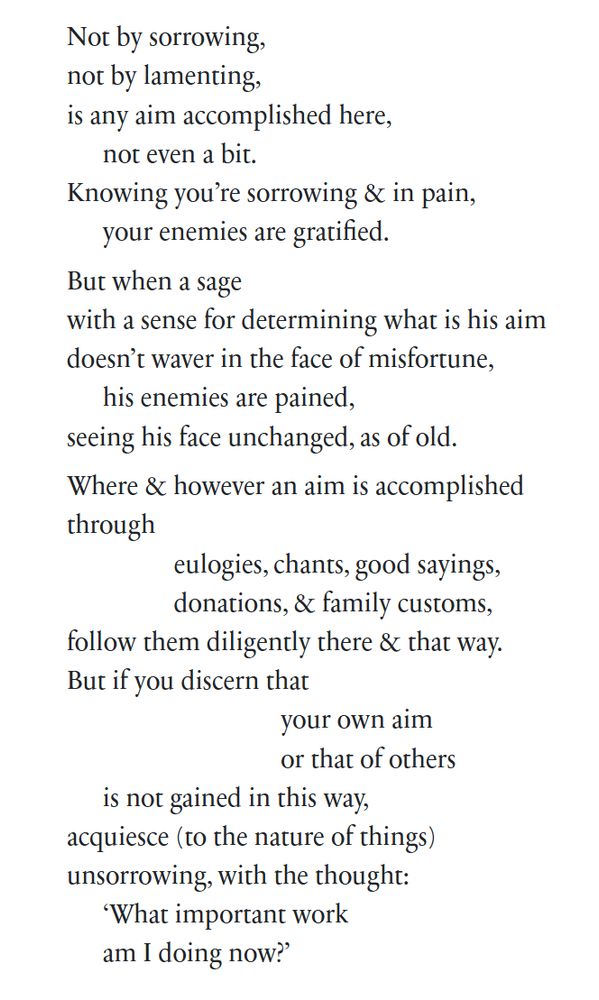Not by sorrowing,

not by lamenting,

is any aim accomplished here,

not even a bit.

Knowing you’re sorrowing & in pain,

your enemies are gratified.

But when a sage

with a sense for determining what is his aim

doesn’t waver in the face of misfortune,

his enemies are pained,

seeing his face unchanged, as of old.

Where & however an aim is accomplished

through


eulogies, chants, good sayings,

donations, & family customs,

follow them diligently there & that way.

But if you discern that

your own aim

or that of others

is not gained in this way,

acquiesce (to the nature of things)

unsorrowing, with the thought:

‘What important work

am I doing now?’