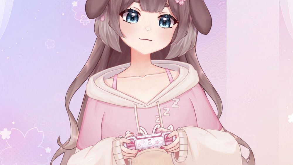 an image of the vtuber fae astria (lop bunny-girl hybrid) wearing a pink and cream hoodie. she is wearing odd socks: the right one is short and pink, the left one is longer and is pink with cream dots. she has white bunny slippers on.

her hair is brown which ombrés to an almost white. the hair has been left long and wavey. the fringe is a neat full fringe

she is holding a pink and white controller.