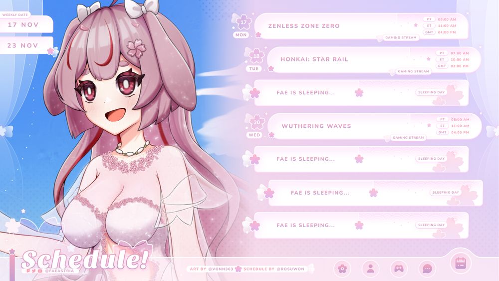 Fae Astria’s schedule. It features a pastel pink and purple colour palette, with a cute anime style artwork of the model on the left hand side.

Monday 17 November 04:00 PM GMT | Zenless Zone Zero
Tuesday 18 November 03:00 PM GMT | Honkai: Star Rail
Thursday 20 November 04:00 PM GMT | Wuthering Waves