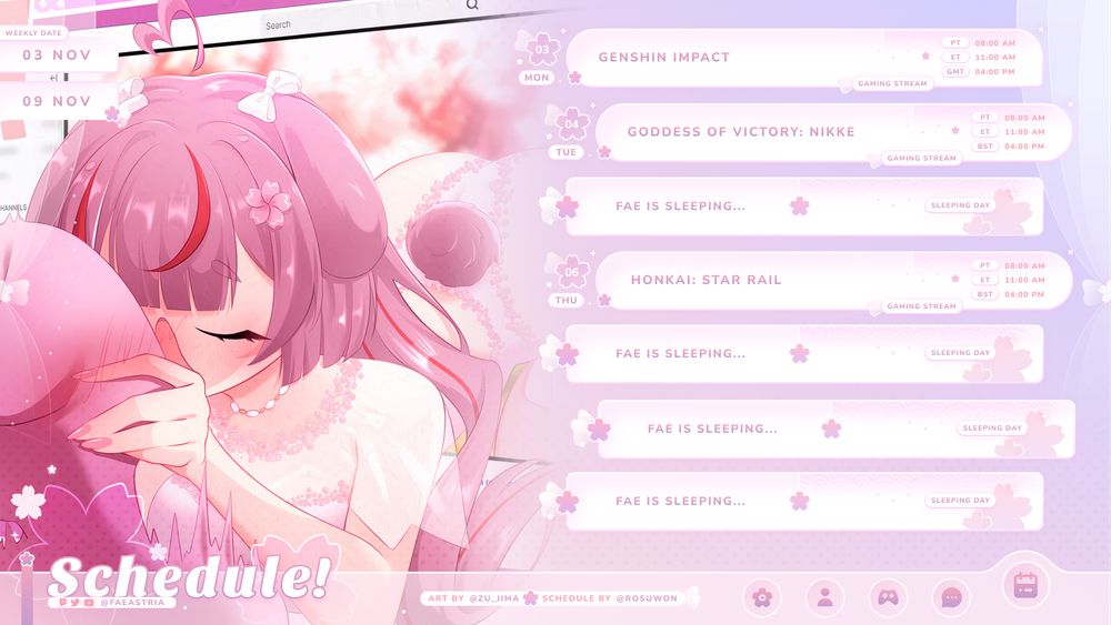 Fae Astria’s schedule. It features a pastel pink and purple colour palette, with a cute anime style artwork of the model on the left hand side.

Monday 3 November 04:00 PM +00:00 | Genshin Impact
Tuesday 4 November 04:00 PM +00:00 | Goddess of Victory: NIKKE
Thursday 6 November 04:00 PM +00:00 | Honkai: Star Rail
