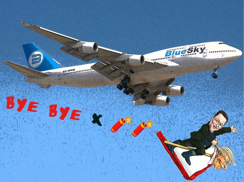 Composition de S.Vincent représentant l’avion Bluesky qui vole et Trump/Musk qui tombent
