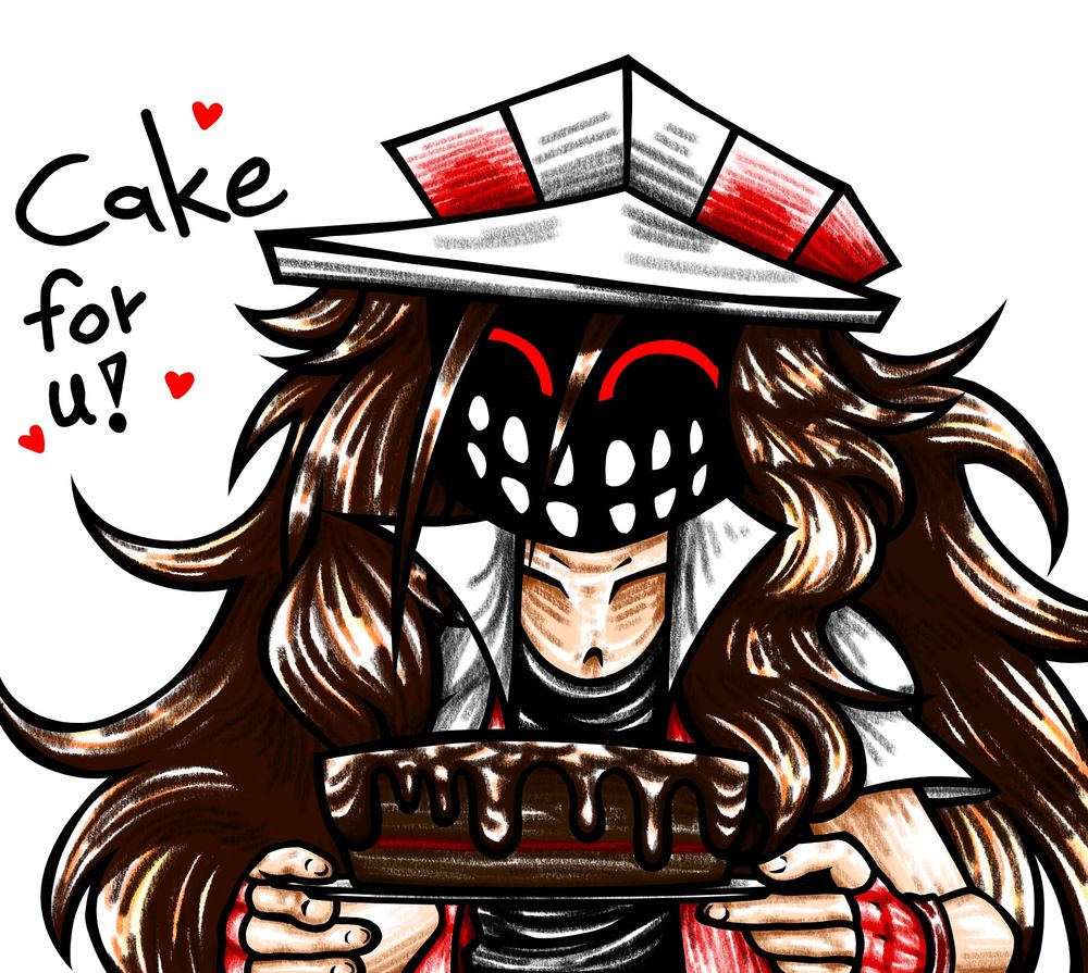 Some art depicting Steven holding some cake with the text "Cake for u!"