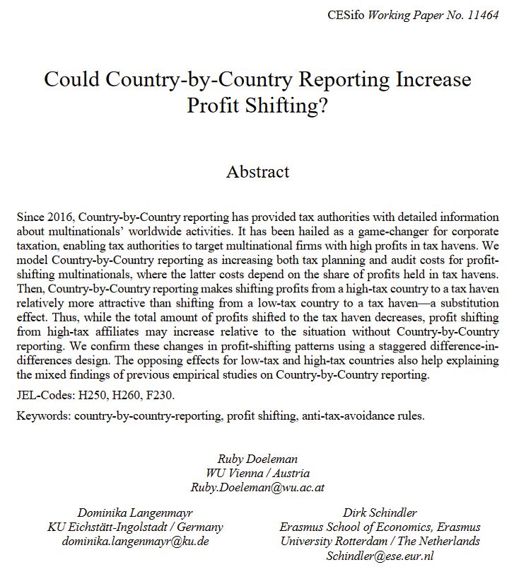 Since 2016, Country-by-Country reporting has provided tax authorities with detailed information about multinationals’ worldwide activities. It has been hailed as a game-changer for corporate taxation, enabling tax authorities to target multinational firms with high profits in tax havens. We model Country-by-Country reporting as increasing both tax planning and audit costs for profit-shifting multinationals, where the latter costs depend on the share of profits held in tax havens. Then, Country-by-Country reporting makes shifting profits from a high-tax country to a tax haven relatively more attractive than shifting from a low-tax country to a tax haven—a substitution effect. Thus, while the total amount of profits shifted to the tax haven decreases, profit shifting from high-tax affiliates may increase relative to the situation without Country-by-Country reporting. We confirm these changes in profit-shifting patterns using a staggered difference-in-differences design. The opposing effects for low-tax and high-tax countries also help explaining the mixed findings of previous empirical studies on Country-by-Country reporting.