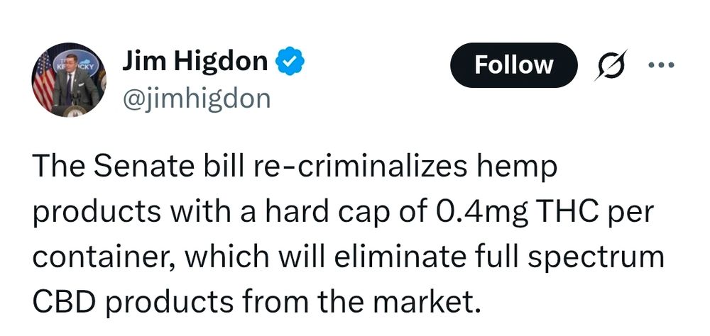 Pic of tweet "The Senate bill re-criminalizes hemp products with a hard cap of 0.4mg THC per container, which will eliminate full spectrum CBD products from the market."