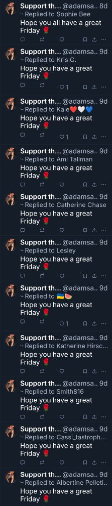 Screenshot showing adamsacco.bsky.social has spammed the same "Hope you have a great Friday 🌹" at eleven women
