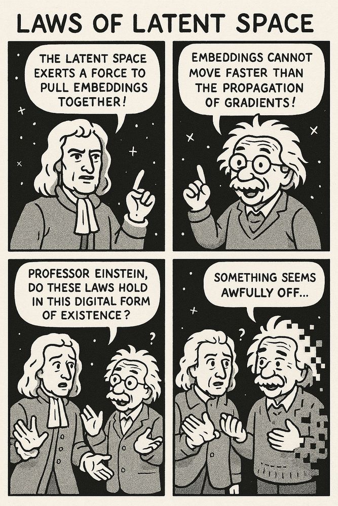 A four-panel black-and-white comic where Newton and Einstein, as digital avatars, humorously apply physics-like laws to latent space, ending with Einstein glitching and questioning digital reality.