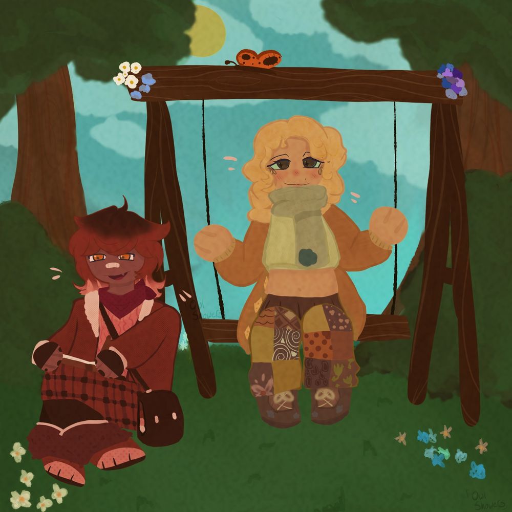 A nature background showing two characters - one holding onto a wooden swing, and the other leaning against it slightly with their knees up, drawing in a journal. 