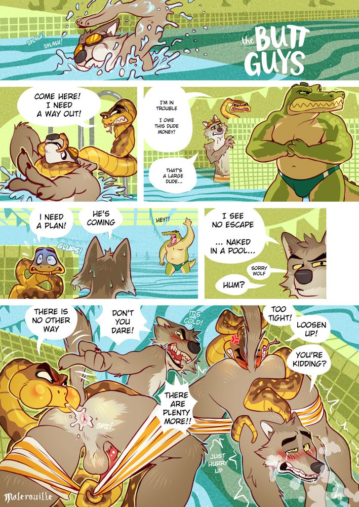 Page 1, Snake and Wolf in the swimming pool, trying to hide from a big bad crocodile dude.