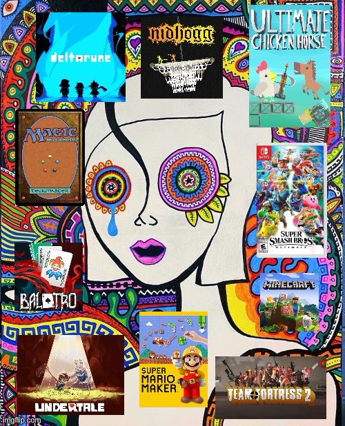 My profile picture, an abstract colorful art piece by Will Wood featuring a fully paper-white portrait of a woman in the center, surrounded by, in clockwise order, the games Nidhogg, Ultimate Chicken Horse, Super Smash Bros Ultimate, Minecraft, Team Fortress 2, Super Mario Maker, Undertale, Balatro, Magic: The Gathering, and Deltarune.