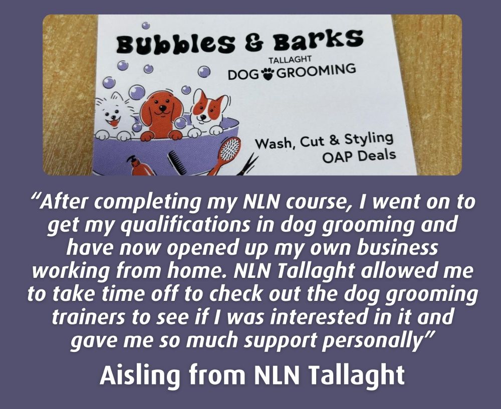 A graphic with a photo of a business card for a dog grooming business. The graphic also includes white text against a purple background.