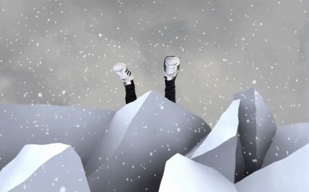 photoshop of what appears to be a snowy ledge that has just broken off and some twink in skinny jeans legs are sticking out into the air