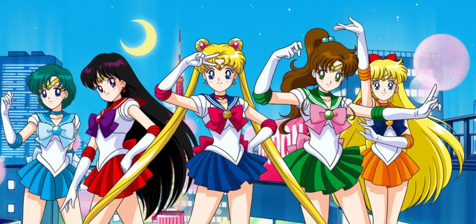 screengrab of 5 of the main sailor moon characters serving charisma uniqueness nerve and talent on a dark night on top of a building 