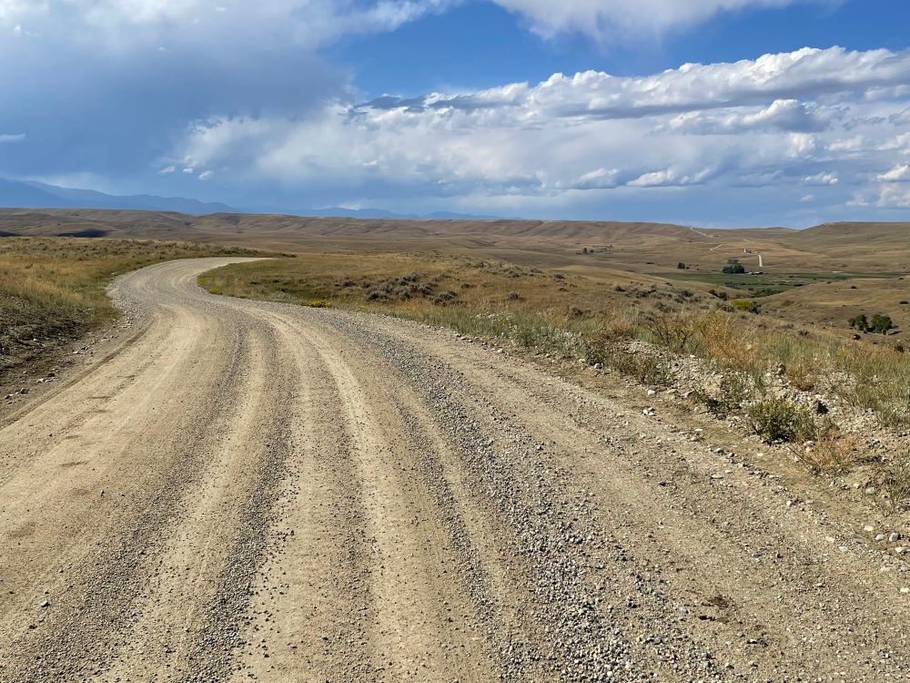 Dirt road swooping between hills and dry grasses and shrubs. Blue sky with clouds overhead. 