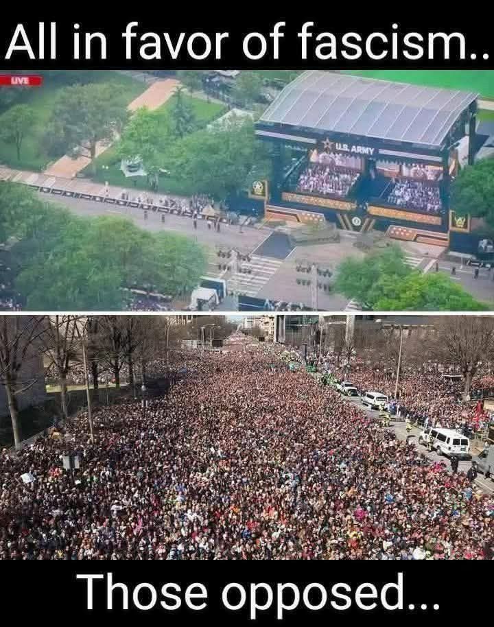 The image is split into two sections, each representing a different view of a political stance. The top section, labeled "All in favor of fascism...", shows a stage with an audience, with a sign that says "U.S. Army." The stage is set up in a park, with trees and pathways visible. The audience appears small and contained.

The bottom section, labeled "Those opposed...", shows a massive crowd of people filling a street. The crowd is dense and stretches far into the distance. There are cars and buildings visible in the background. The contrast between the two sections suggests a disparity in the number of supporters and opponents of fascism.