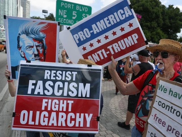 A small street protest caught mid-afternoon: people stand on a sidewalk under a green street sign, each holding bold, hand-made placards. Foreground center is a large, rectangular sign in stark black, white and red reading "RESIST FASCISM / FIGHT OLIGARCHY" in heavy block type — the contrast and short imperative phrases give it the feel of a rallying cry. Above and slightly behind it is a patriotic red-white-and-blue placard that reads "PRO-AMERICA / ANTI-TRUMP," and nearby is a stylized, posterized portrait rendered in flat blues and reds with high-contrast highlights, evoking propaganda or pop-art poster aesthetics. On the right an older person in a straw hat and sunglasses speaks into a microphone or megaphone while holding another sign whose text is partially visible; their posture and open mouth add urgency and sound to the otherwise still photograph. The composition leans on American colors and bold typography to communicate political allegiance and opposition; the language evokes anti-authoritarian and anti-elitist themes common to contemporary protest movements. There’s no technical diagram or scientific system to solve here — it’s a direct visual statement and a slice of civic expression.