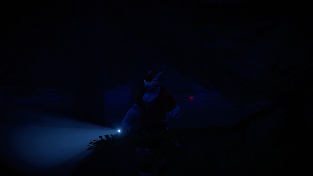 Colin wandering through dark forest with glowing red eyes in background. Cozy Halloween by Mei VRChat world.