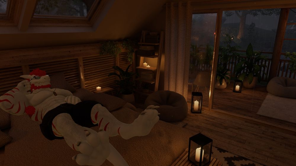 Colin is resting on a bed in cottage and ready to sleep soon. Cozy Cottage world.