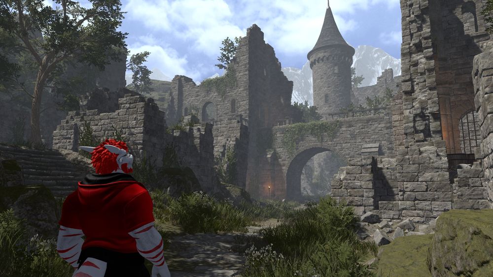 Exploring the castle ruins in middle of the alps region. Overgrown Ruins world.