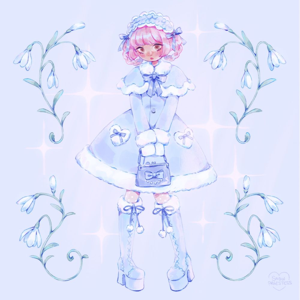 Illustration of a pink haired lolita wearing a light blue coat and boots. There are snowdrop flowers around her