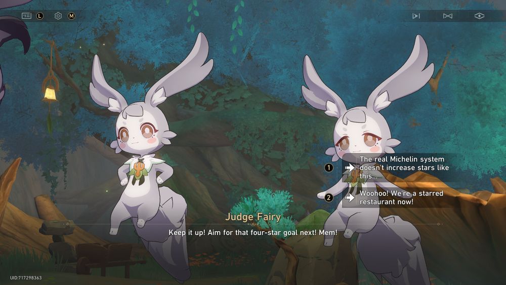 Judge Fairy: Keep it up! Aim for that four-star goal next! Mem!

The dialogue options read:
1. The real Michelin system doesn't increase stars like this...
2. Woohoo! We're a starred restaurant now!