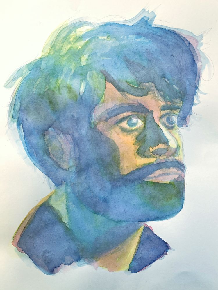 An ink painting of Sacha Dhawan’s Master from Doctor Who, looking to the right. The painting is made with primary colours.
