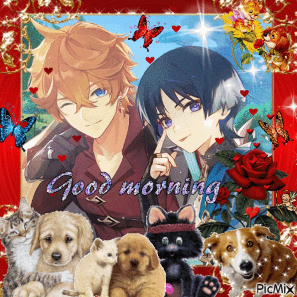 a picture of a boy and a girl surrounded by dogs and cats with the words good morning