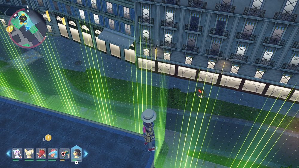 A pokemon trainer dressed like a a 50's dad looking over a roof at a shiny pumpkaboo. It is Alpha.