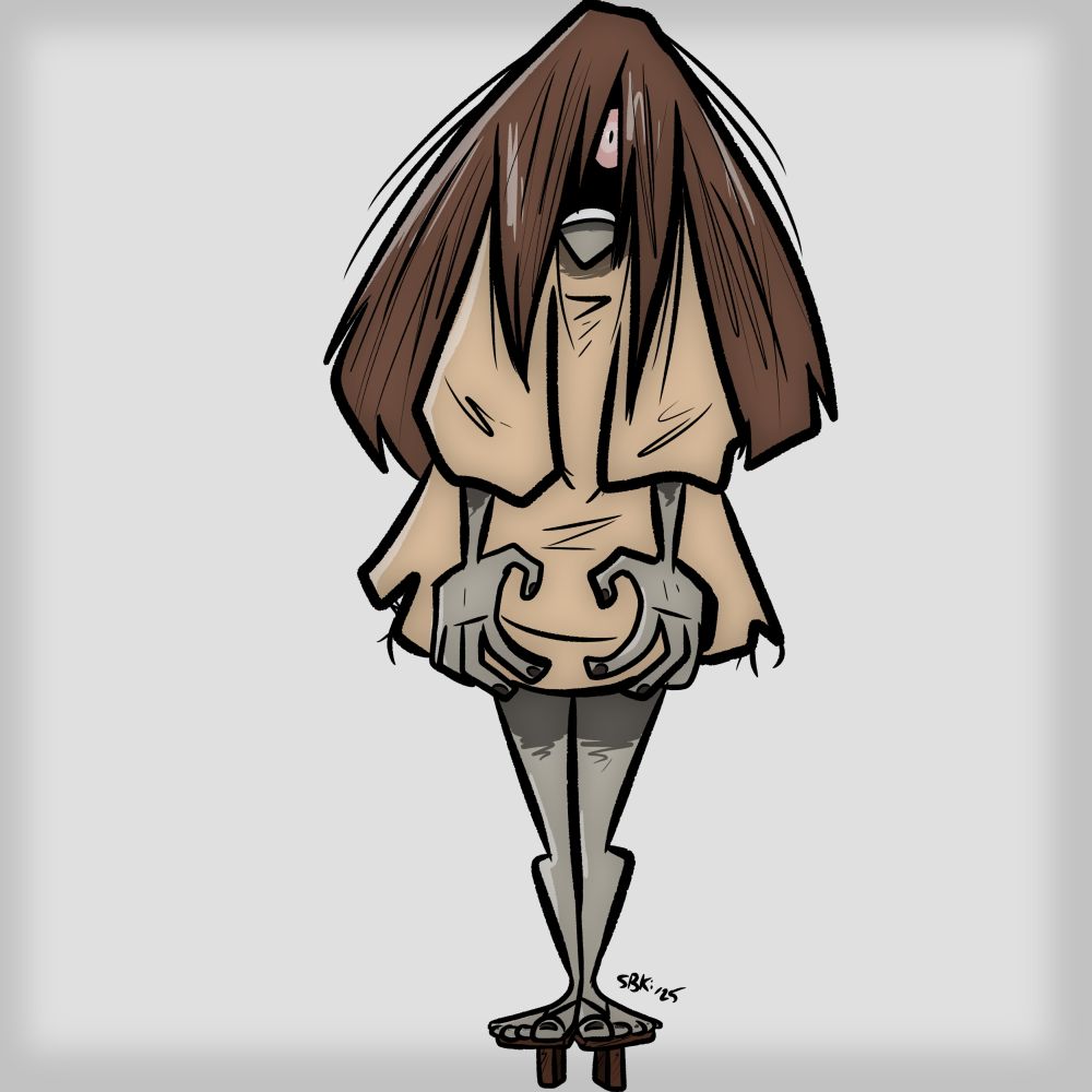 A Sadako-like ghost girl with hair frayed out and covering most of her face. She's very much like that one umbrella yokai. you know the one.