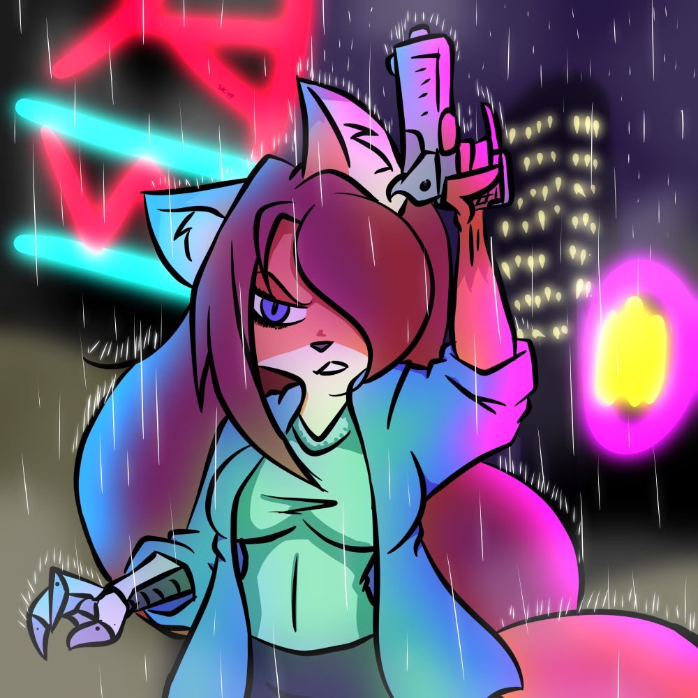 Old Drawing: Suika the fox woman but with smooth hair, in the rain. She has a cyborg arm. Should I bring that back? I kind of like her nub. There's like some building behind her too and neon lights. It's a better background than lime green with flowers. 

Oh and she's holding a gun.

She's not allowed to own guns now.