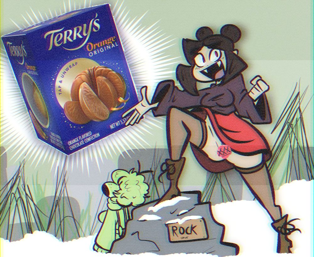 drawing of ki the vampire girl presenting a floating, god-like box of Terry's orange chocolate ball. Behind her, Terri the frog-witch (who may or may not have been named after this magical spherical chocolate) looks on in awe at it.

We do see Ki's iconic lack of underwear because she's posed one leg up on a rock called rock. Her vagina is censored by a sticker.