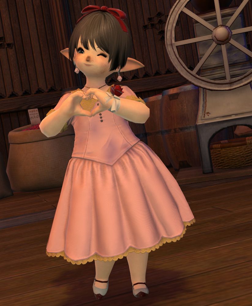 A lalafell from FFXIV making heart hands and winking