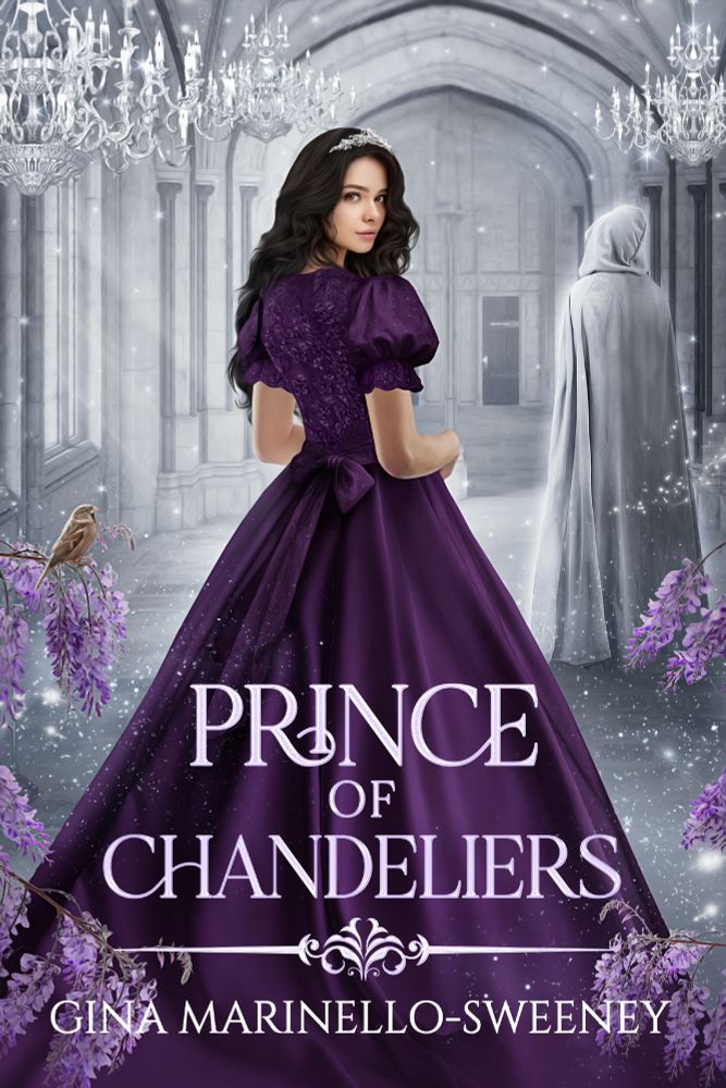 Prince of Chandeliers by Gina Marinello-Sweeney. A young woman with dark hair stands in the center of a white hall. She wears a deep purple ballgown and a silver tiara. Wisteria flowers fill the bottom of the frame. An owl perches to her left. White chandeliers fill the top of the image, while a mysterious figure in a white cloak fills the background to her right.