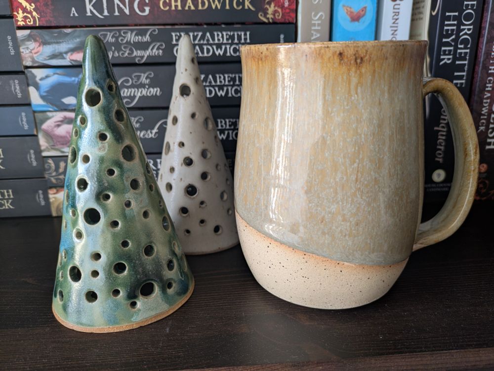 Pottery sale haul - two Christmas trees and a mug!