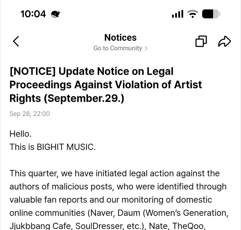 Screenshot of a message from BigHit regarding legal action against people breaking into BTS members homes and defaming them online 