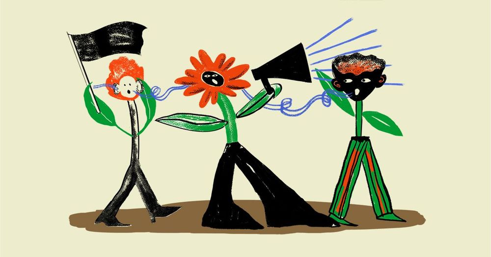 Illustration for The Sociological Review magazine's September 2025 issue.

Whimsical drawing of three anthropomorphic flowers – orange, green and black against a brown and cream background – protesting together. One holds a black flag, another shouts through a megaphone, and the third listens intently with blue sound waves connecting them.

Artist: Raquel Figueira