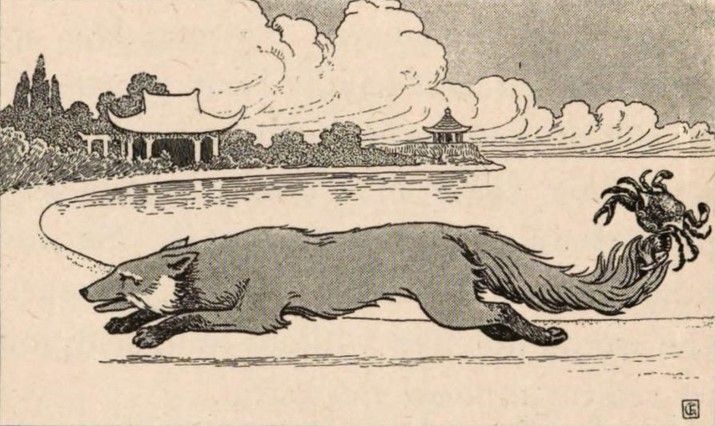 Illustration of a fox running with a crab holding onto his tail