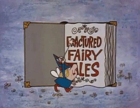 A cartoon fairy in front of an oversized book that reads "Fractured Fairy Tales" from the opening of the segment of the same name from The Rocky and Bullwinkle Show
