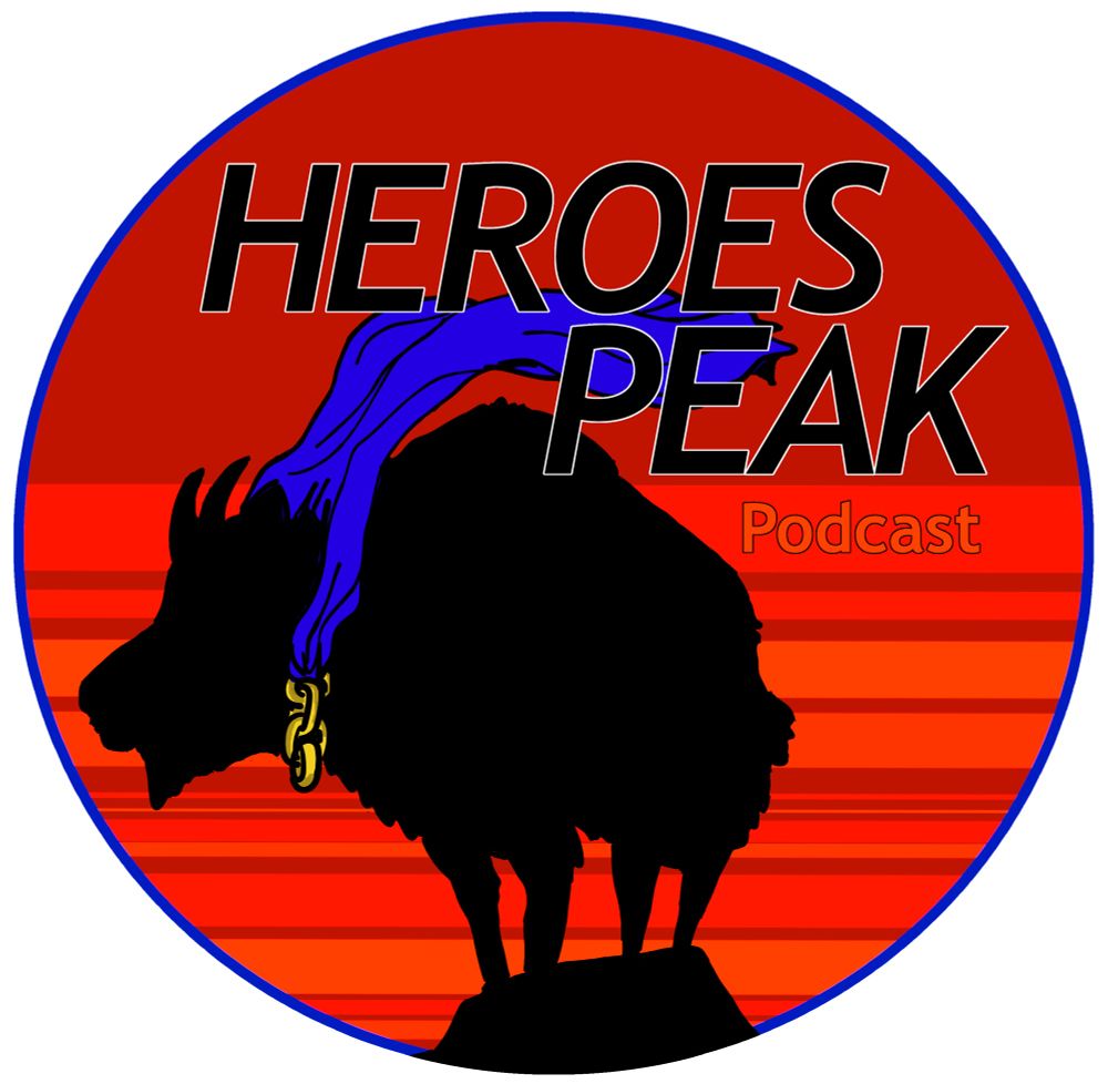Logo for the Heroes Peak podcast, featuring a mountain goat silhouette wearing a blue cape within a circle with stripes of varying widths in red hues simulating a sunset, with the podcast name at the top. 