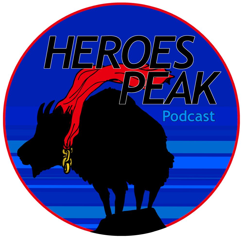 Logo for the Heroes Peak podcast, featuring a mountain goat silhouette wearing a red cape within a circle with stripes of varying widths in blue hues simulating a cool night sky, with the podcast name at the top. 