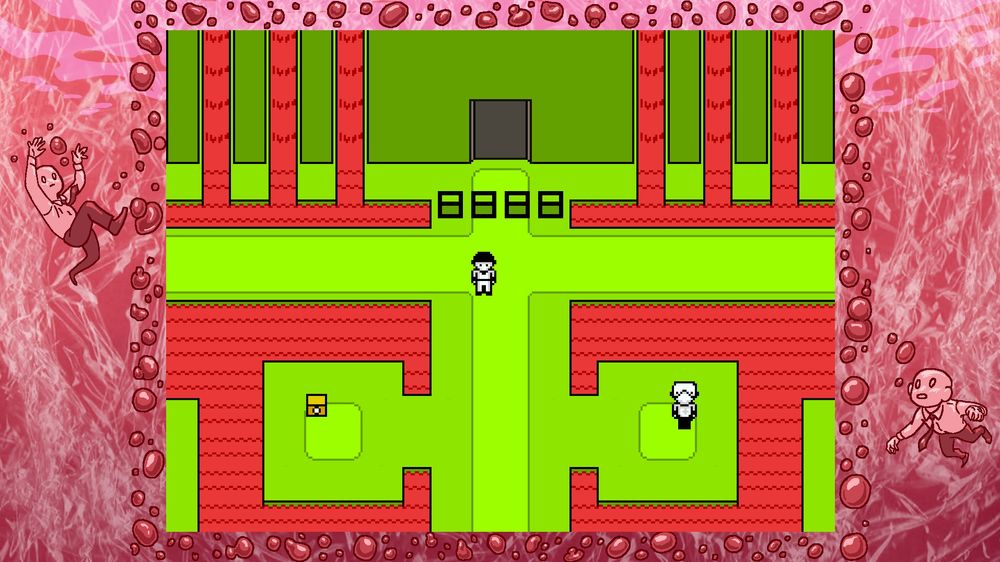 A scene from the remaster of the indie-RPG game, "OFF". The player stands amid large pools of churning meat. The game window is framed by art of the game's common NPCs, "Elsens", swimming among crinkled plastic wrap colored red. Their bubbles frame the game window.