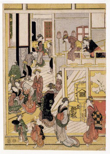 "New Year's Day at the Ogiya Brothel, Yoshiwara," by Katsushika Hokusai, captures a vibrant and bustling scene of celebration with elegantly dressed courtesans and patrons engaging in festivities. The artwork showcases Hokusai's mastery in ukiyo-e, depicting intricate details and patterns that highlight both the cultural richness and the ephemeral beauty typical of Edo-period Japan.