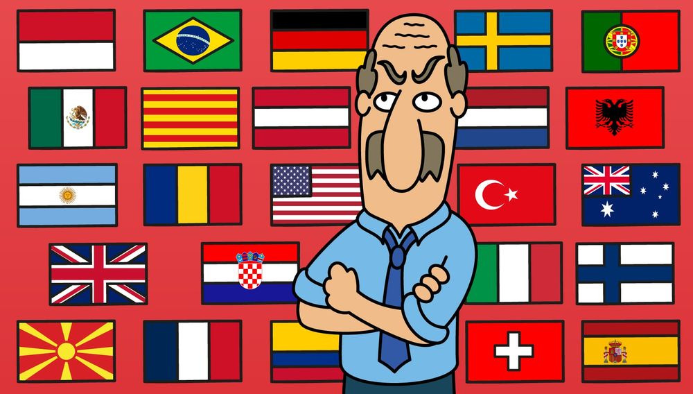 Cranky Uncle cartoon character standing with crossed arms in front of country flags depicting the 16 languages the Cranky Uncle game can now be played in.
