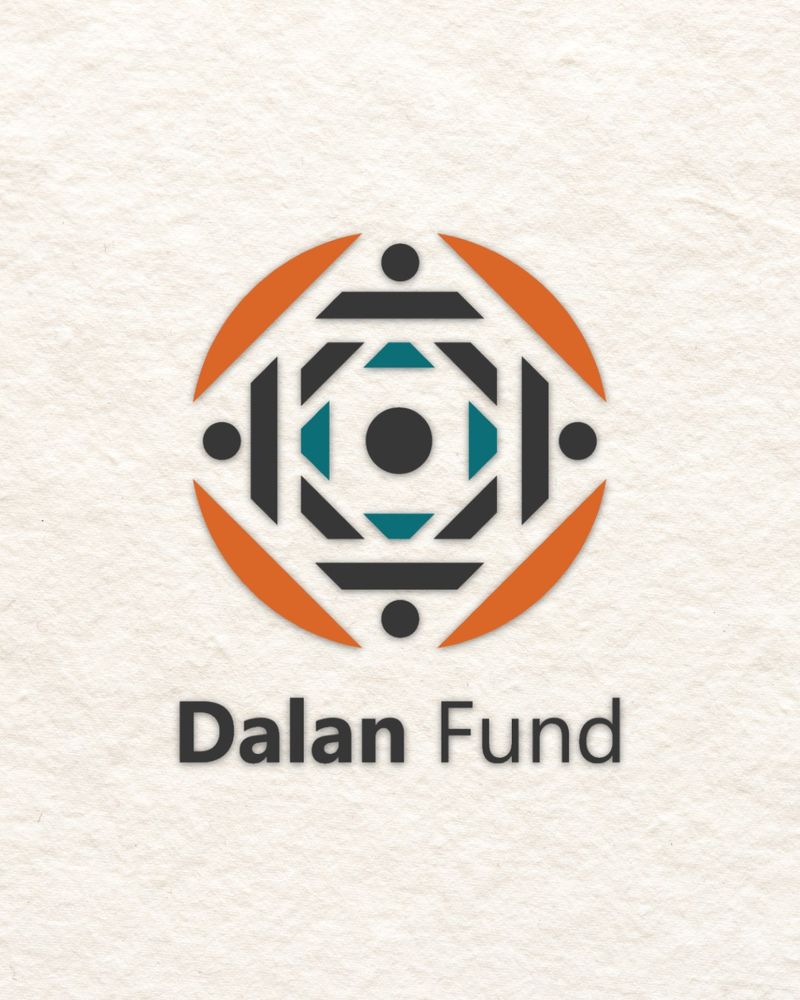 Logo of Dalan Fund on a textured beige background. The logo features a circular geometric design resembling a traditional textile pattern. It consists of orange curved elements forming a circle, black shapes suggesting human figures facing inward, and teal and black angular forms creating a symmetrical, woven-like motif. Below the symbol, the words “Dalan Fund” are written, with “Dalan” in bold black font.