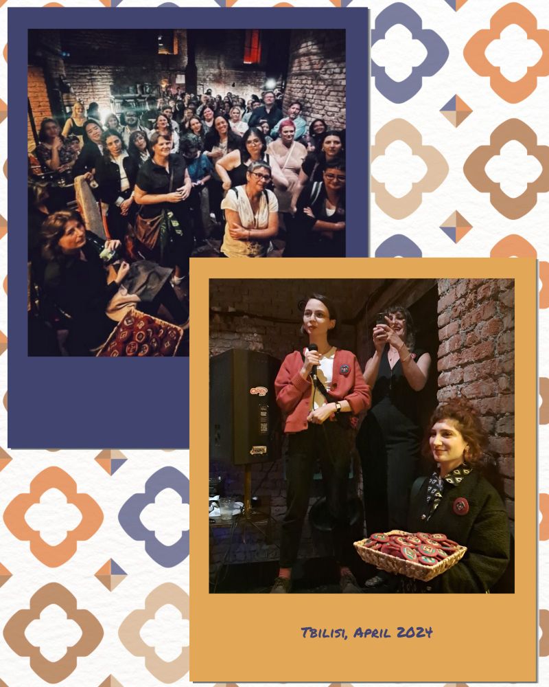 Two photographs placed on a patterned background with traditional geometric motifs resembling Kurak in terracotta, beige, and indigo. The top photo, framed in indigo, shows a large group of people gathered in a warmly lit, rustic brick venue. They stand closely together, smiling and attentively listening to something out of frame. The bottom photo, framed in mustard yellow, captures a moment during an event: a person with semi-long brown hair, holding a microphone, stands in front of a brick wall and speaks, while another person behind them takes photos on a phone. A third person, red-haired, dressed in a jacket and dress, smiles while holding a basket filled with round embroidered items featuring Kurak patterns. A handwritten caption at the bottom reads: 'Tbilisi, April 2024.