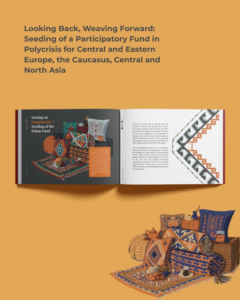 A graphic layout featuring a publication titled 'Looking Back, Weaving Forward: Seeding of a Participatory Fund in Polycrisis for Central and Eastern Europe, the Caucasus, Central and North Asia.' The top of the image displays the title in bold dark orange text on a mustard yellow background. Below, an open book shows an illustrated spread: the left page features vibrant drawings of a traditional setup with mutaka pillows, woven baskets, pottery, and textiles arranged on an ornate rug, evoking the cozy and communal atmosphere of a chaikhana (tea house). A caption on the page reads: 'Seizing an Opportunity – Seeding of the Dalan Fund.' The right page contains text contextualizing the fund’s launch during crisis, with a decorative border of traditional regional patterns. Below the book, a three-dimensional illustration of the same chaikhana-inspired setup—with mutaka pillows, tea, fruit, and textiles—extends the theme of warmth, culture, and hospitality.