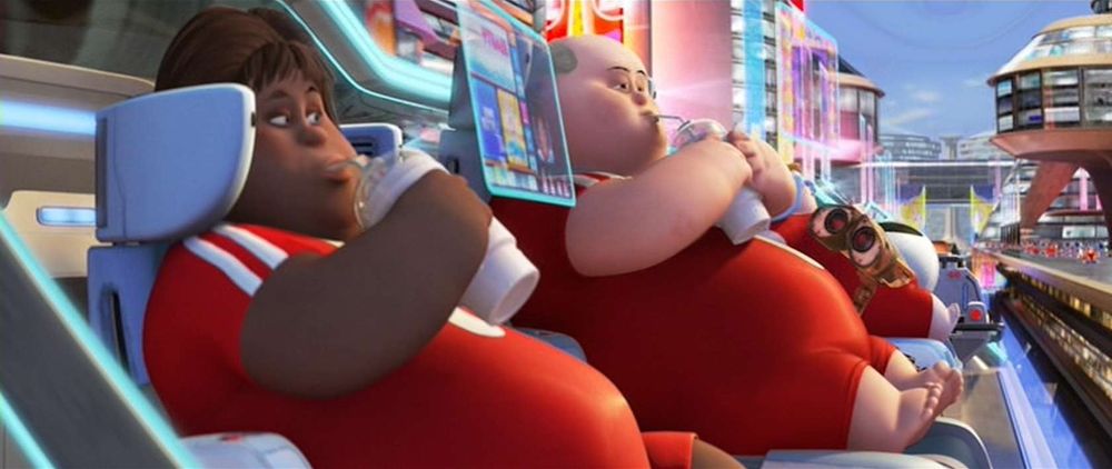 A screengrab from the movie "WALL-E" - Characters sitting in a hover chair, all drinking the same drink and watching a screen completely immobile.