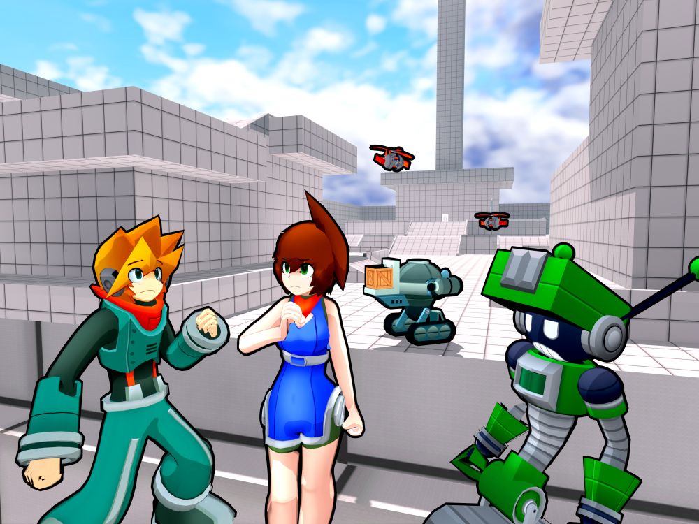 3 characters from my game. From left to right: Alex, Izzy, and Lodo.
Alex and Izzy look concerned about their current location. Lodo is looking at them, annoyed that they don't understand what a level blockout is. Robots can be seen in the background, supposedly helping to build the new level.
